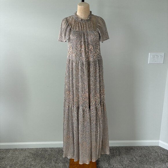 Anthropologie Silver Textured Cap Sleeve Flowy Maxi Dress - Picture 1 of 11